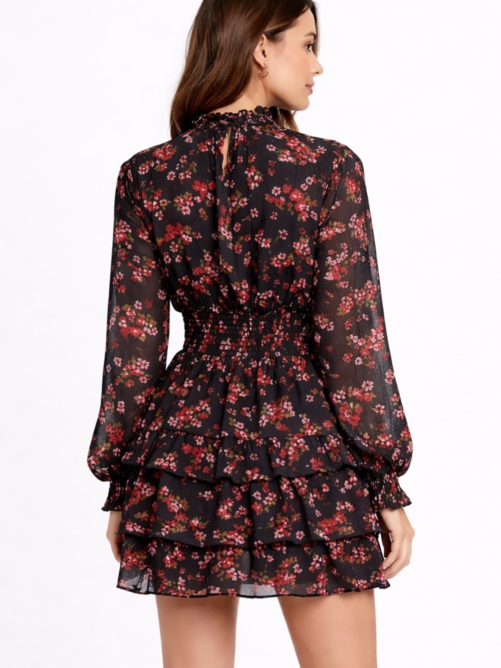 Floral Ruffle Tiered Mini Dress - Black with Pink Floral - Picture 2 of 11